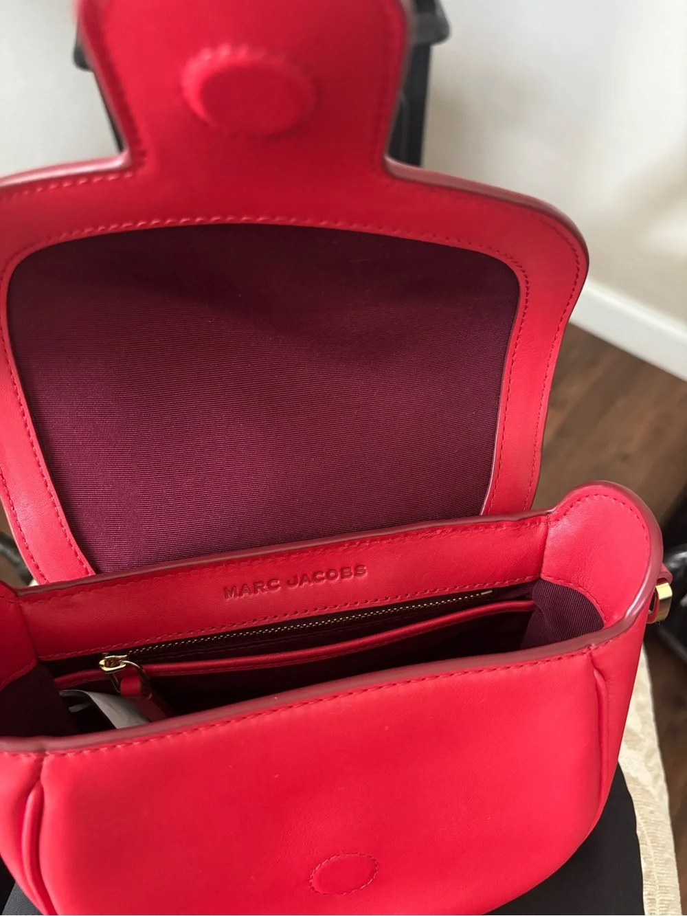 Marc Jacobs Bright Red Crossbody Saddle Bag with Logo Strap